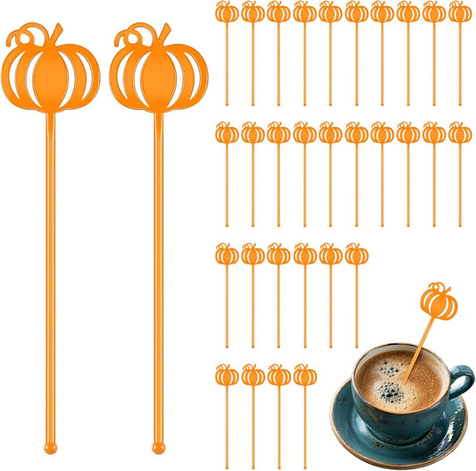 30 Pcs Halloween Swizzle Sticks Plastic Coffee and Cocktail Stirrers Fall Thanksgiving Drink Stirrers Cocktail Mixers for Halloween Fall Autumn Party Tea Coffee Bar Decoration(Pumpkin)