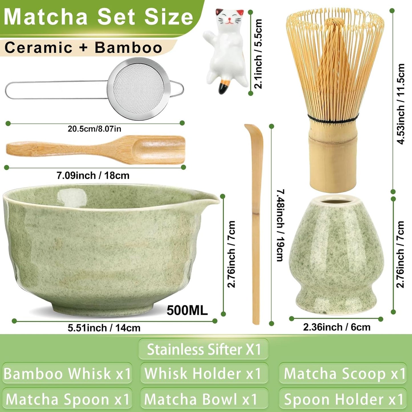 HengLiSam 7 Pcs Matcha Whisk Set, Matcha Set with Ceramic Bowl, Whisk, Whisk Holder, Bamboo Scoop, Sifter, Spoon and Holder, Matcha Kit for Matcha Lover (Matcha Green)