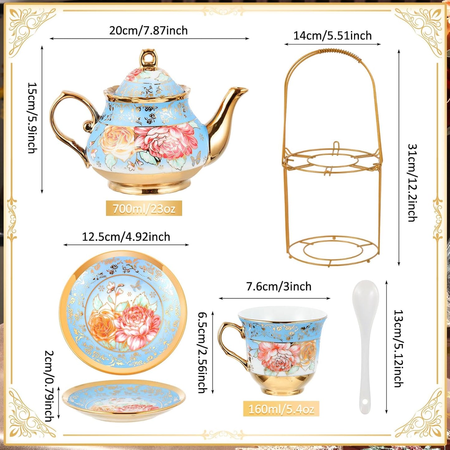 Zhehao 20 Pcs Porcelain Tea Set with Metal Holder and Spoon Adult Ceramic Tea Party Set European Flower Painting Teapot Cup Saucer Spoon Set for Women, Large Version(Simple Style)