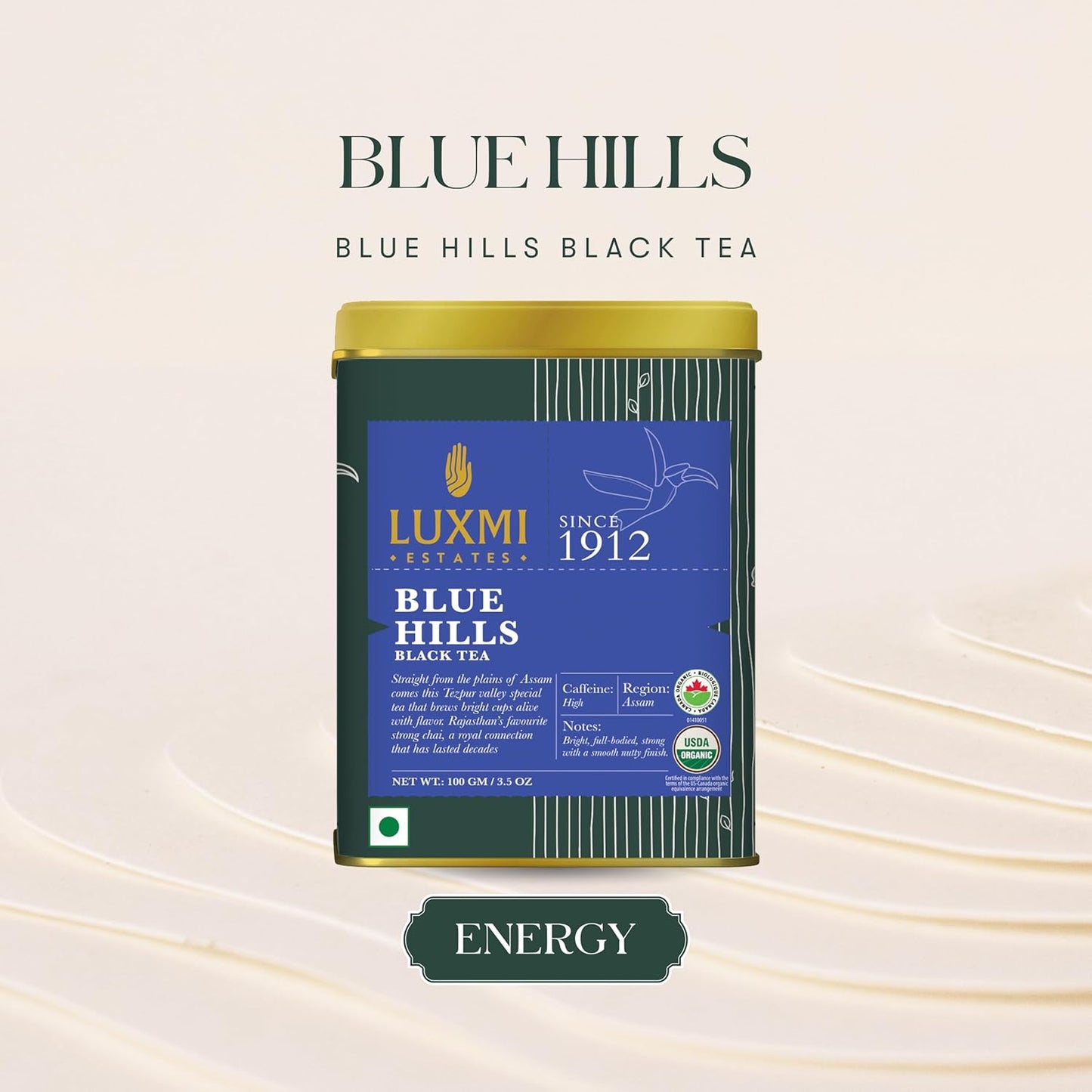 Luxmi Estates - Blue Hills - Organic CTC Assam Black Tea - Loose Leaf - 100g (50 Cups) | Jodhpur Blend - Rajasthan's Favorite Chai | Strong Cup of Original Indian Chai Tea - No Spices