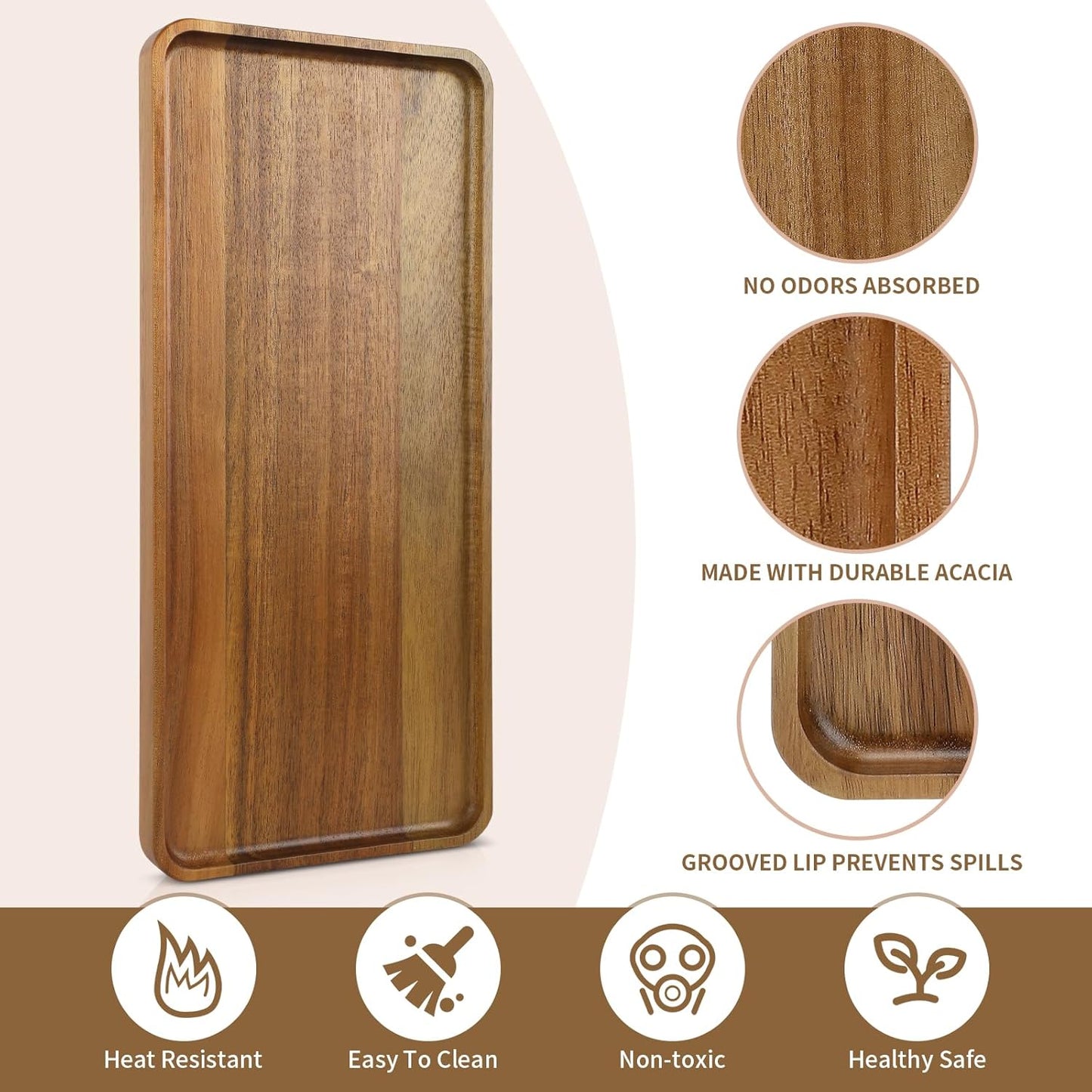 1 pcs 14"x5.3" Solid Acacia Wood Serving Trays Rectangular Wooden Serving Platters Natural Wooden Boards for Bar Coffee Party