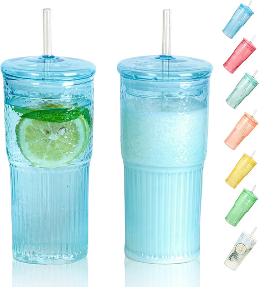 20 OZ Glass Cup with Lids and Glass Straws, High Borosilicate Iced Coffee Glass Tumblers with Lid and Straw for Drinks, 2pcs Reusable Wide Mouth Smoothie Cup(Blue)