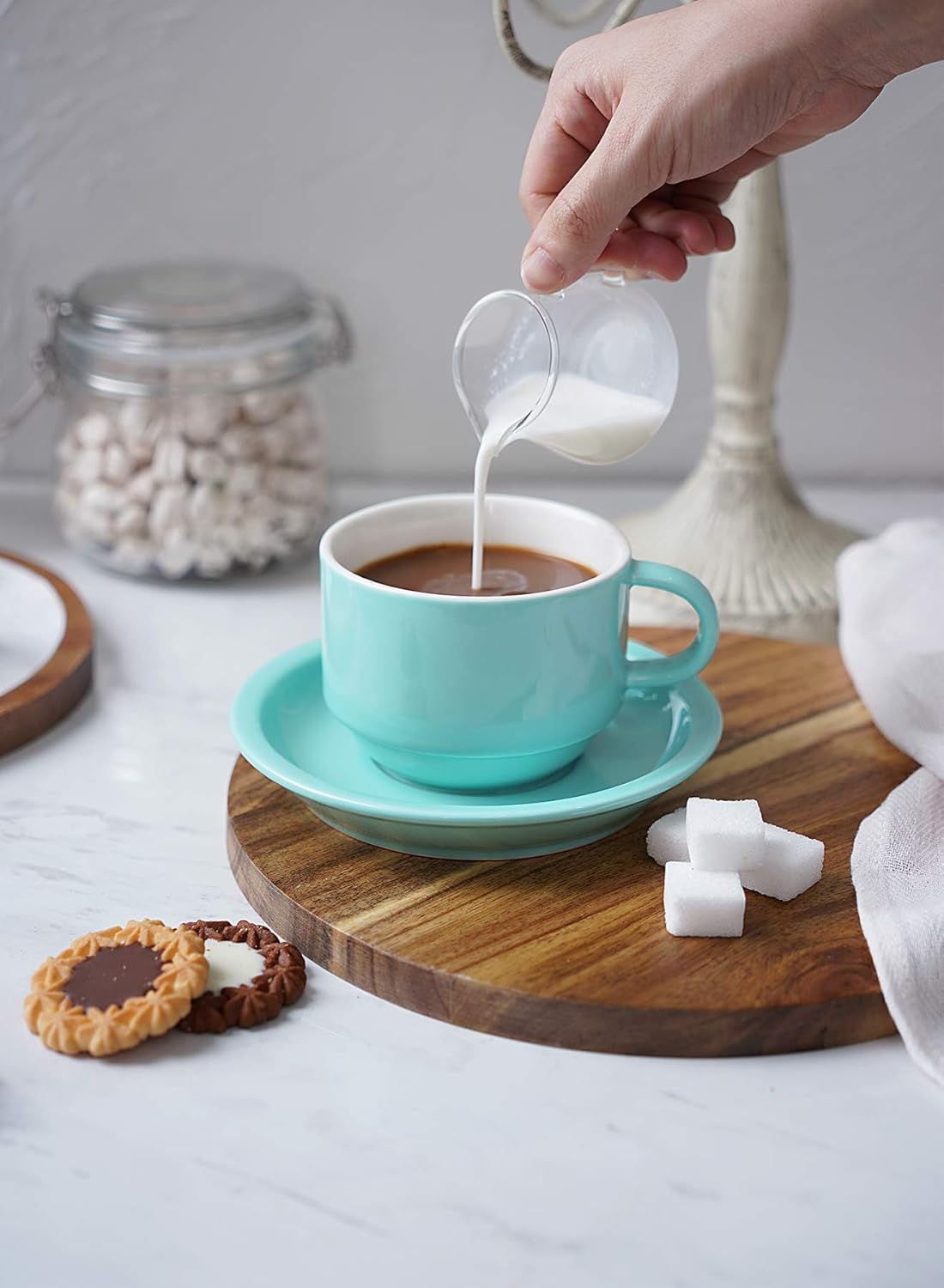 Sweese 8 Ounce Porcelain Stackable Cappuccino Cups with Saucers and Metal Stand - for Specialty Coffee Drinks, Cappuccino, Latte, Americano and Tea - Set of 4, Turquoise