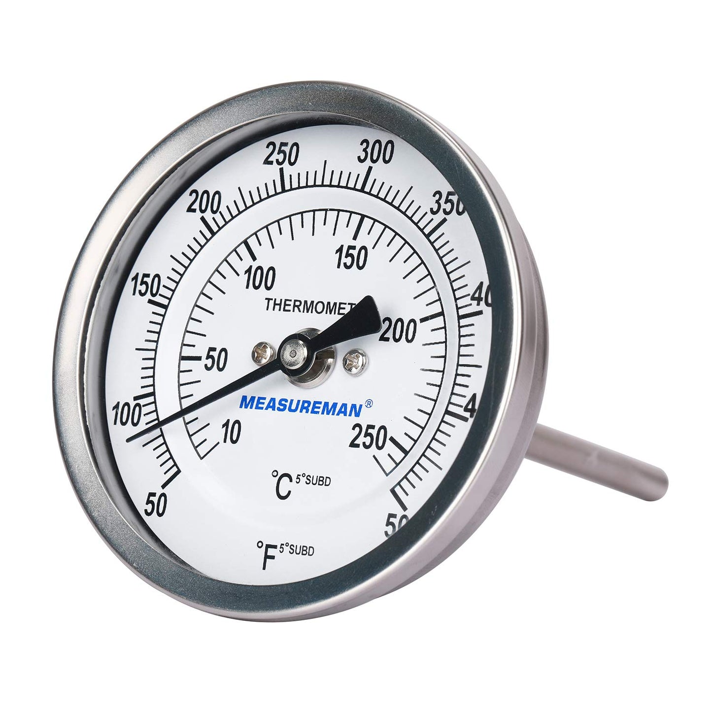 MEASUREMAN Fully Stainless Steel Bimetal Dial Thermometer, 3" Dial, 4" Stem, 50-550 deg F/10-260 deg C, -1% Accuracy, Adjustable, 1/2" NPT Back Mount
