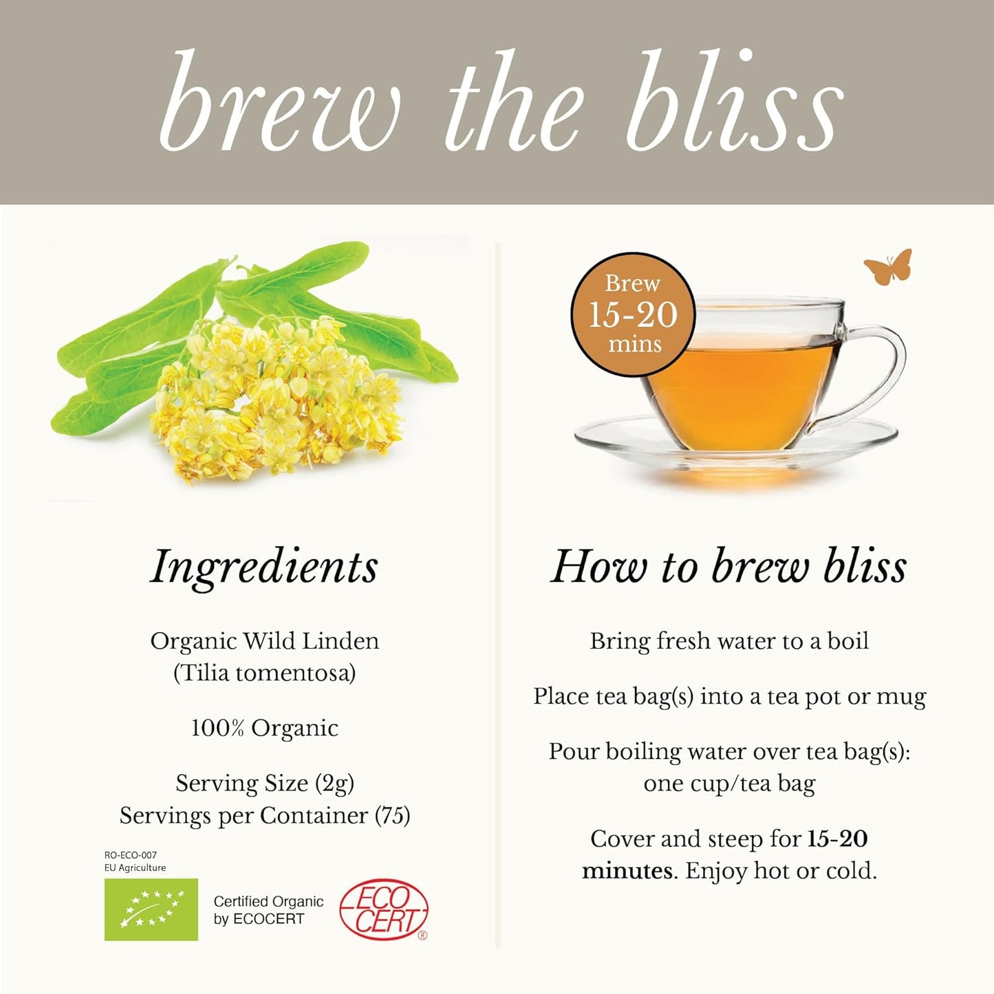 Wild Bliss Organic Linden Flower Tea - Caffeine Free Calming Herbal Tea - 75 Plant Based Tea Bags