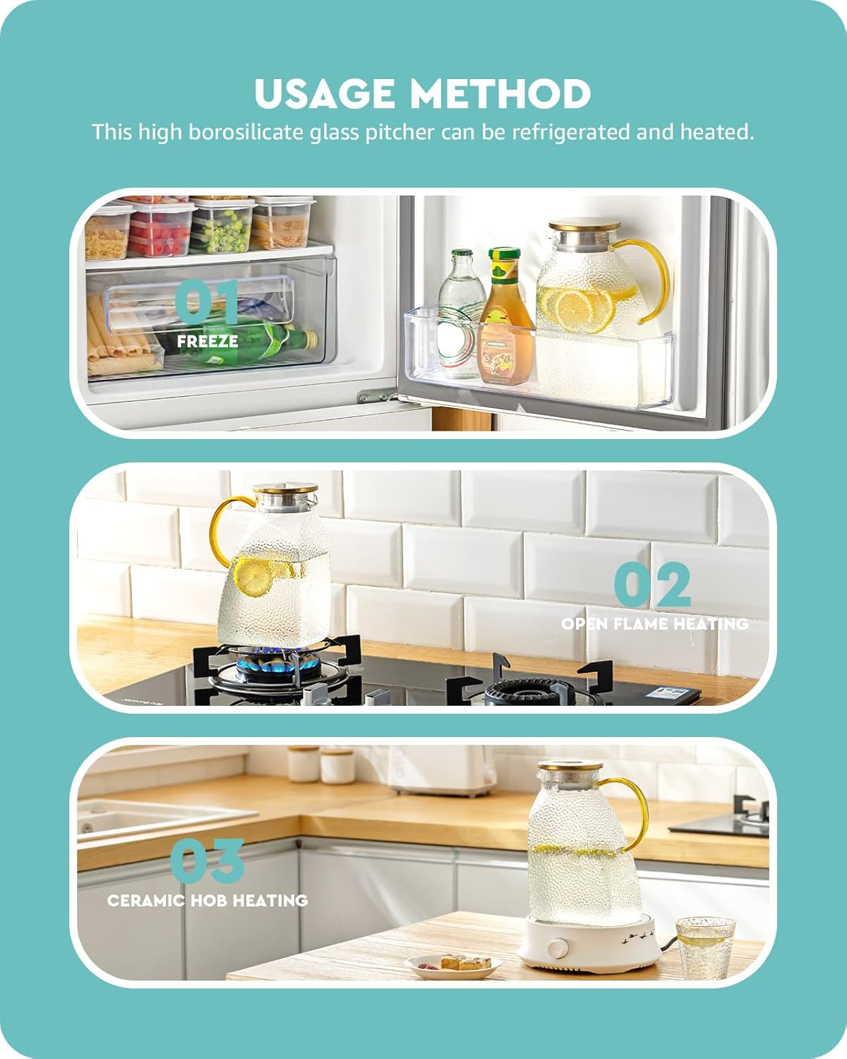 Baffect Water Pitcher, High Borosilicate Glass Jug with Stainless Steel Lid, Leakproof Fridge Door Carafe for Hot or Cold Beverage (1.8 L/63 oz.)