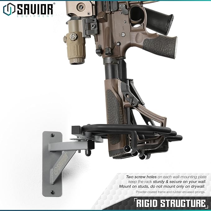 Savior Equipment Wall-Mount Rifle Rack Tactical Shotgun Carbine Firearm Free-Standing Gun Display Indoor Storage Rack - Heavy Duty Steel, Wide Angle Adjustment, 3-Slot Holds up to 75 Lbs