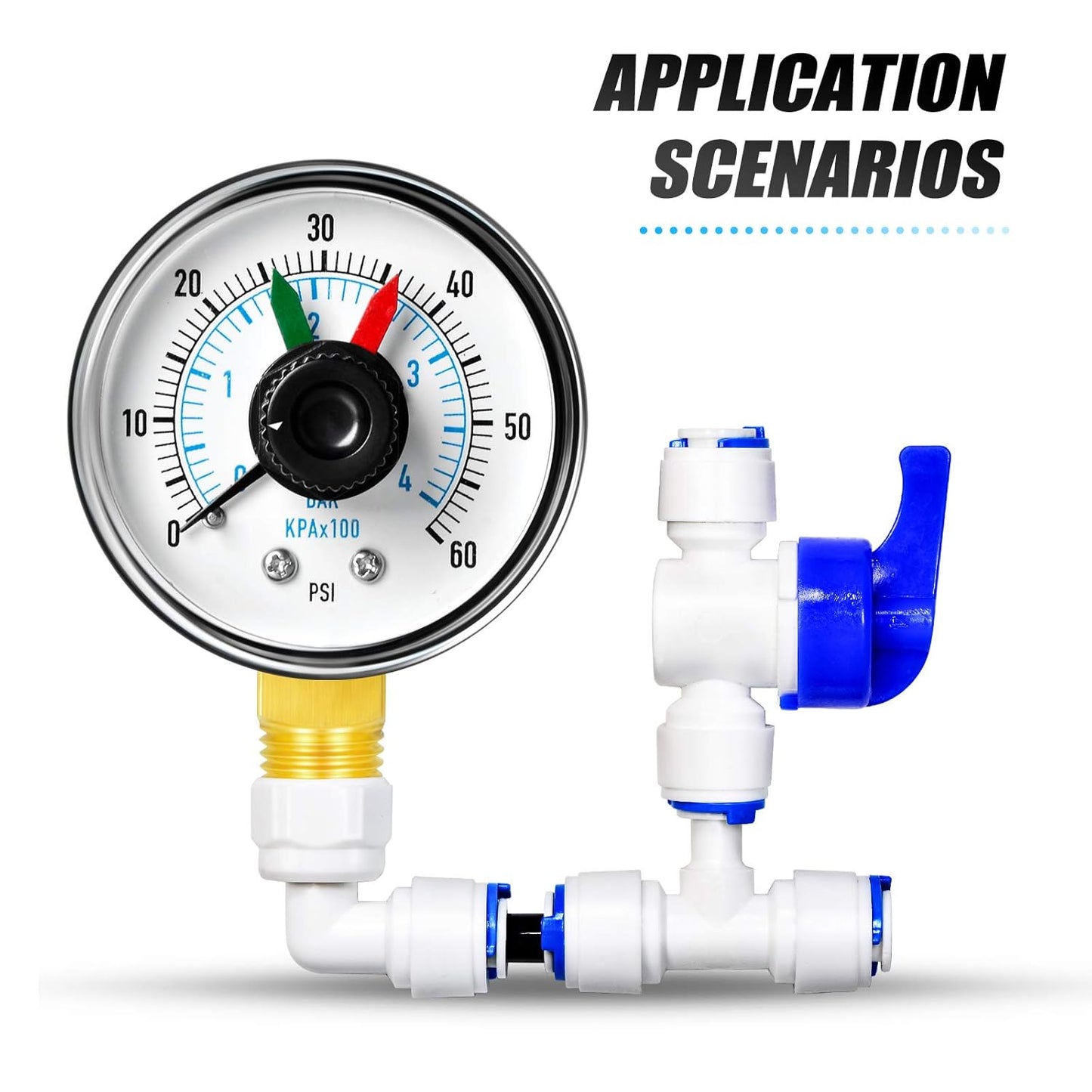 MEANLIN MEASURE 0-60Psi 1/4" NPT Pressure Gauge Box with dial for selecting Filter, 3-2-3% Accuracy, Center Back Mount, with 1/2" NPT and 3/8" NPT Hex Bushing