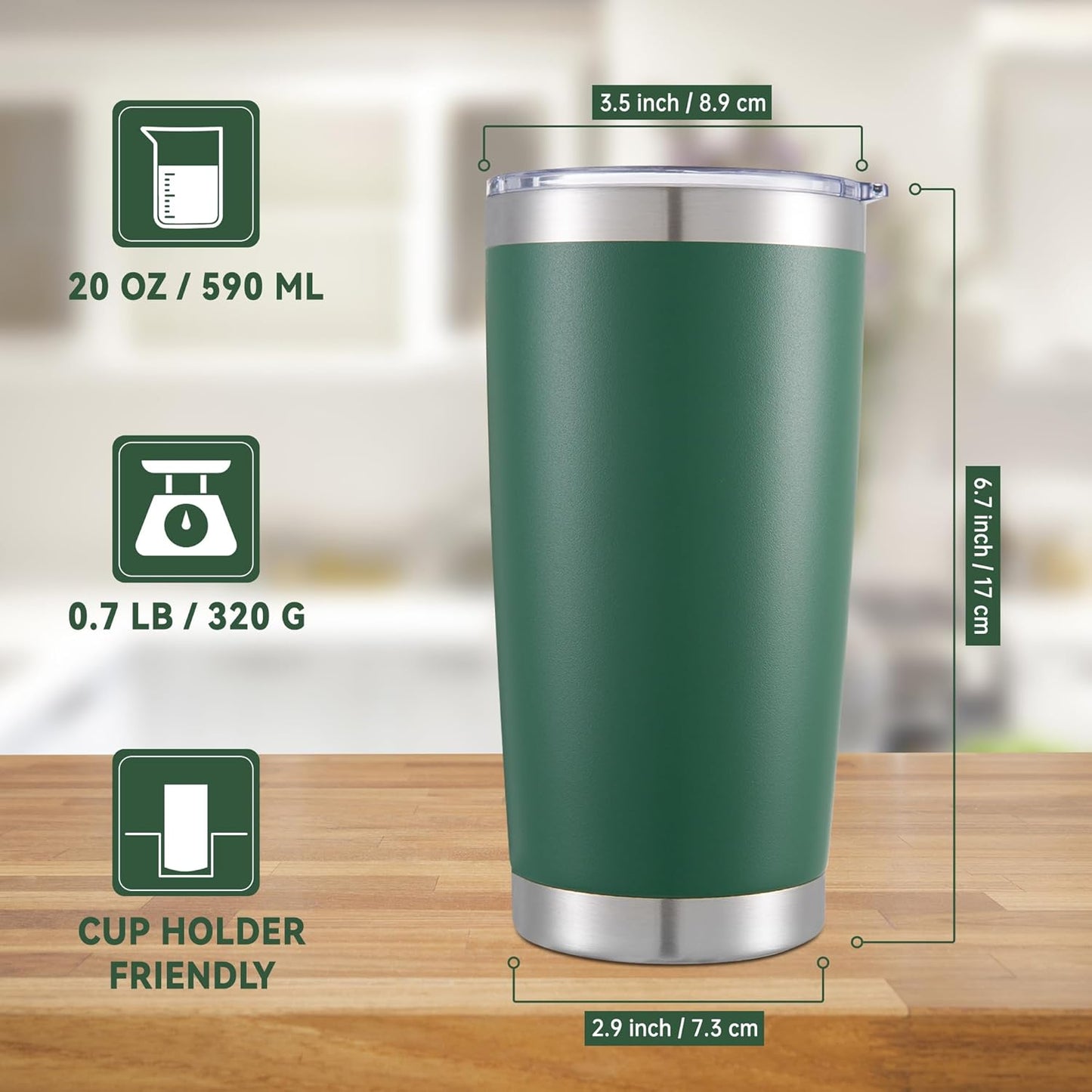 20 oz Tumbler Stainless Steel Tumblers with Lid Double Wall Vacuum Insulated Coffee Mug 20oz Powder Coated Cup for Hot and Cold Drinks, Dark Green, 1 pack