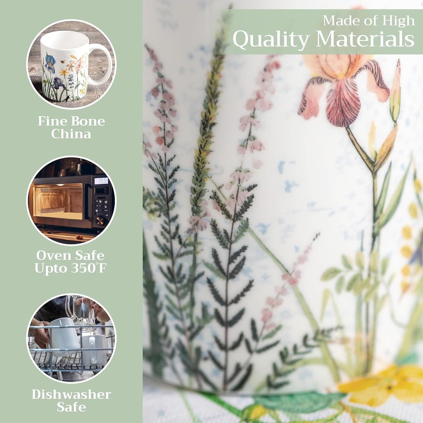 Maison d' Hermine Coffee Mug with Handles Fine Bone China Mugs Pack of One Tea Cups for Hot Beverages Cappuccino Latte Home Restaurant Office Perfect for Gift (Fleurs De Mai - Prairie, 12 Ounce)