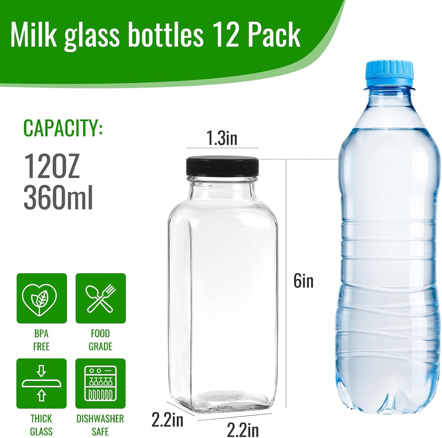 BIGIVACA 12 oz Glass Juice Bottles with Lids,12 PACK Bottles for Juicing,Square Drinking Jars Glass for Coffee,Cola,Milk,Tea in Travel,Work,School