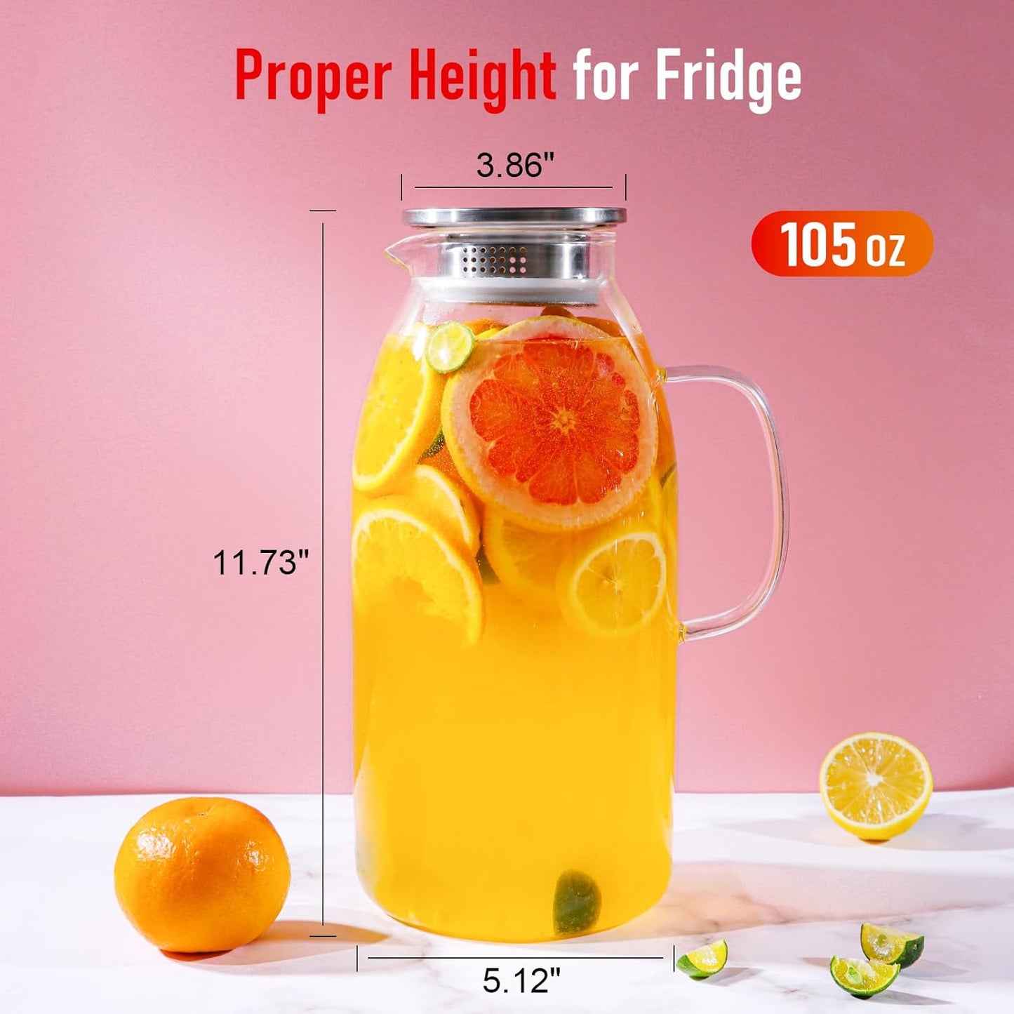 Glass Pitcher, veecom 105 Oz Large Glass Water Pitcher with Handle and Lid, Pitchers for Drinks, Iced Tea Pitcher for Fridge, Lemonade Juice Jugs