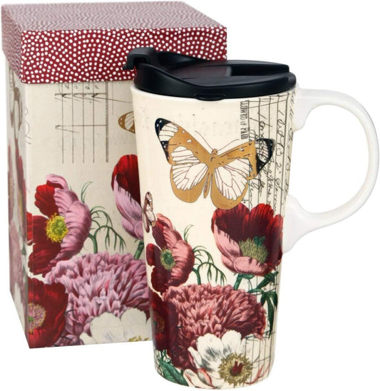 Topadorn 17 OZ Ceramic Coffee Mug Travel Cup with Lid and Gift Box, Red Flower and Butterfly