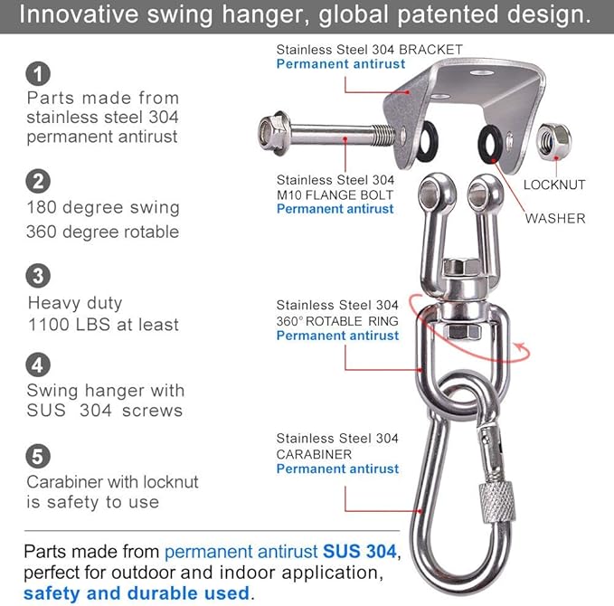 SELEWARE Swing Hangers Stainless Steel Swing Hooks Swivel Swing Mount Hardware w/Carabiners for Porch Swing Sets Hammock Chair Heavy Bag Yoga Silk Suspension Straps 1000 LB Capacity Each 2 Pack