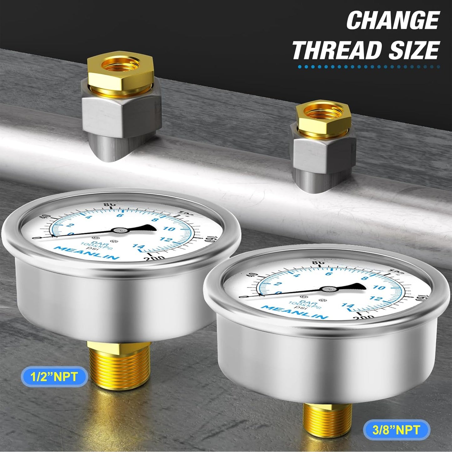MEANLIN MEASURE 0~200Psi Stainless Steel 1/4" NPT 4" FACE DIAL Liquid Filled Pressure Gauge WOG Water Oil Air Back Mount, with 1/4" x 1/2" NPT and 1/4" x 3/8" NPT Hex Bushing