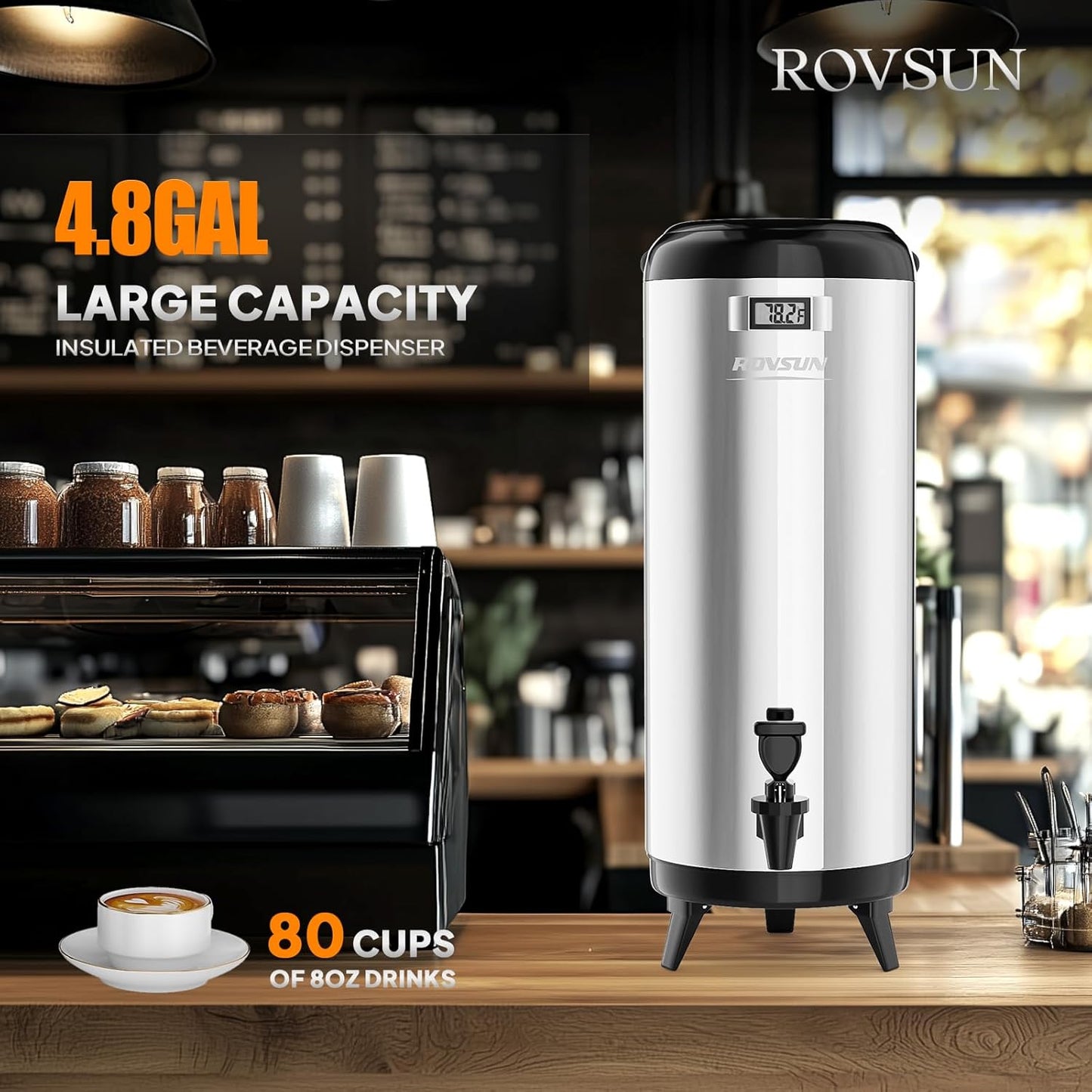 ROVSUN 4.8 Gallon Insulated Beverage Dispenser, Stainless Steel Hot and Cold Drink Dispenser, Ice and Hot Drink Server w/Spigot, Hot and Cold Beverage Server for Coffee, Tea, Milk & Juice