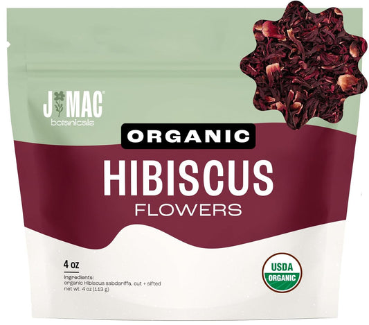 J Mac Botanicals, Organic Hibiscus Flower (4 ounce), Hibiscus tea, cut & sifted flowers, dried from Egypt, herbal tea leaves, Flor de Jamaica, edible