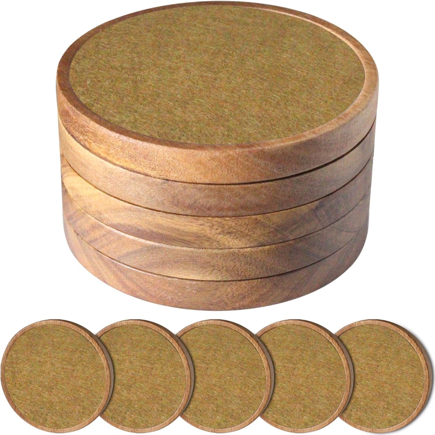 5 Pack Brown Wooden Coasters with Felt Pads, Non-Slip, Non-Stick, Absorbent, Round, 4.3 Inch, Perfect for Coffee Tabletop Protection