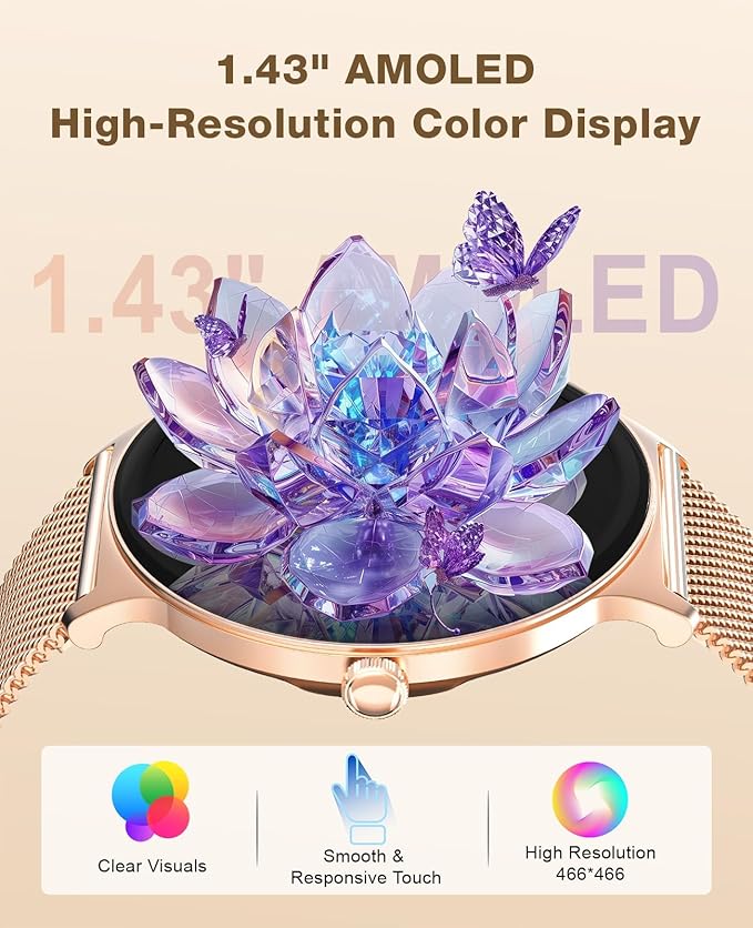 SOUYIE Smart Watches for Women, 1.43" AMOLED Display Fitness Tracker with Bluetooth Make/Answer Call, Heart Rate/SpO2/Sleep Monitor, 100+ Sports Modes, IP67 Waterproof Smartwatch for Android iPhone