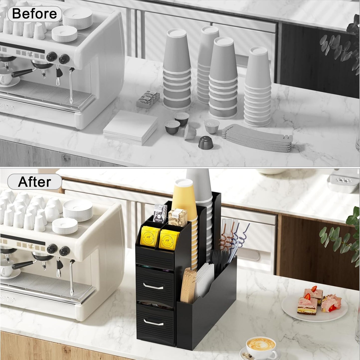 SZQINJI Coffee Condiment Organizer 11-Compartment Breakroom Coffee Station Organizer Countertop Cup Storage with 2 Drawers Black