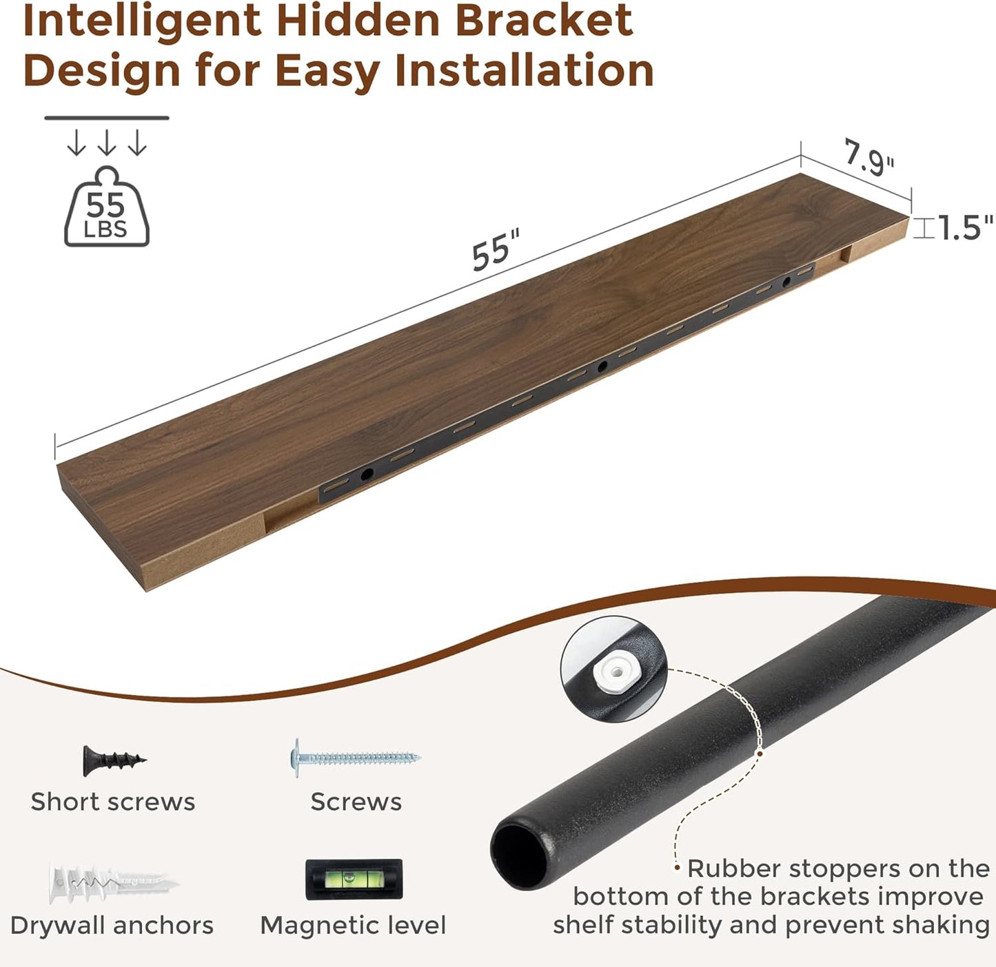 Heimlove 55 Inch Floating Shelves for Wall 8 Inch Deep Walnut Shelves Set of 2,Wall Mounted Rustic Wood Long Floating Shelf，Large Extra Display & Storage Shelf with Invisible Brackets