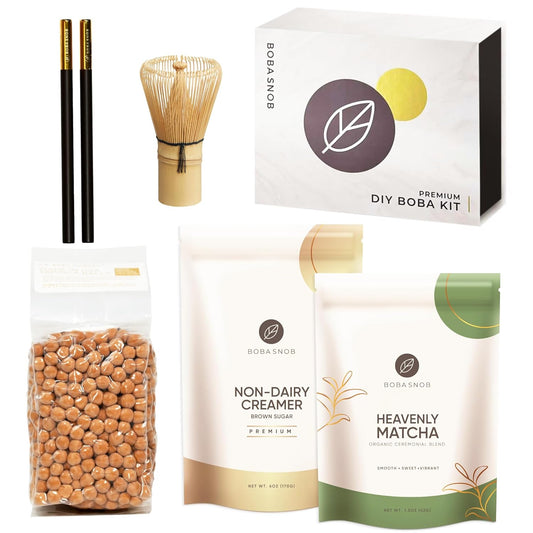 Boba Snob Boba Tea Maker Kit with Organic Ceremonial Tea, Tumbler, Two Stainless Steel Straws, Bamboo Whisk, Teaspoon, and Tapioca Pearls (Small Matcha)