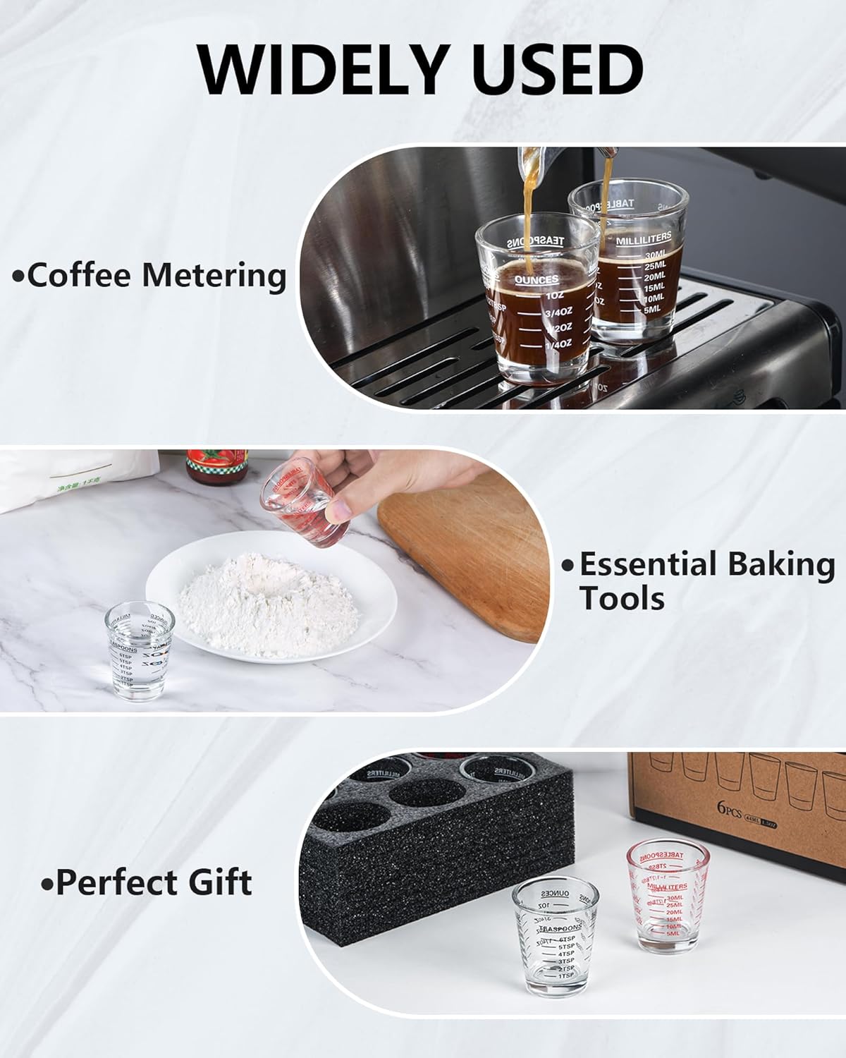 Shot Glasses Measuring Cup Set 6 Pack Espresso Shot Glasses Liquid Heavy Glass 26-Incremental Measurement 1 OZ, 2 TBS, 6 TSP, 30 ML Kitchen Tools