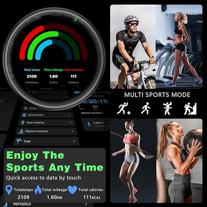 Smart Ring with LED Display Screen, Fitness Tracker Smart Rings for Women Men, Health Ring for iOS & Android, Sleep Tracker Ring Compatible with Heart Rate, SpO2, Sleep, Step (Black, 8)