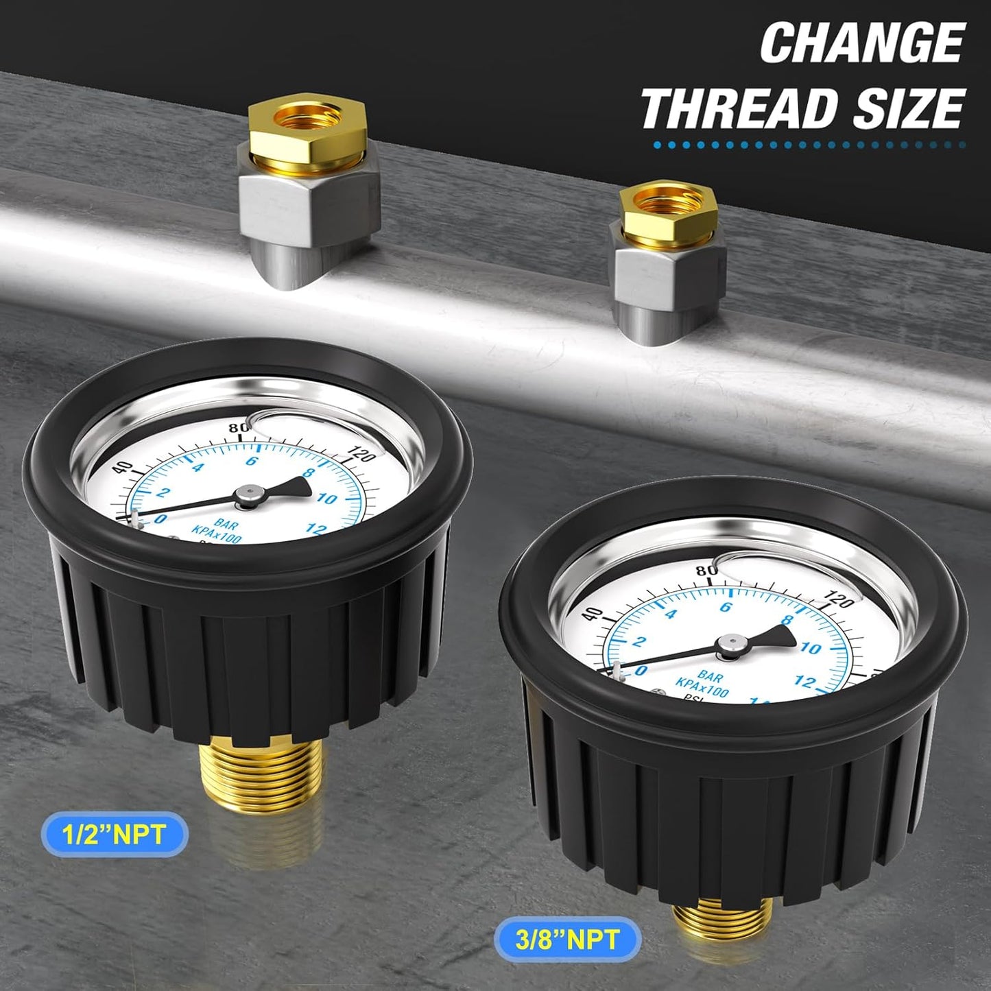 MEANLIN MEASURE 0~200Psi Stainless Steel 1/4" NPT 2.5" FACE DIAL,Liquid Filled Pressure Gauge, Center Back Mount (with Rubber Protective Sleeve), with 1/2" NPT and 3/8" NPT Hex Bushing