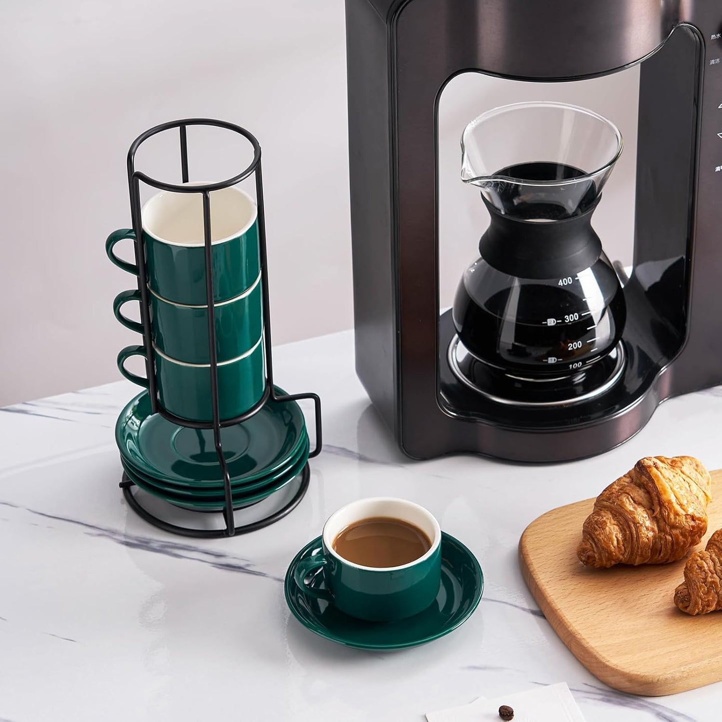 2.5oz Porcelain Stackable Espresso Cups with Saucers and Metal Stand Set of 4, Stackable Cappuccino Cups, Green Expresso Shots Cup Set for Coffee Drinks, Latte, Tea