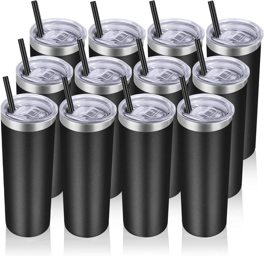 VEGOND Stainless Steel Skinny Tumblers Bulk 12 Pack, 20 oz Vacuum Insulated Tumblers with Lids and Straws, Double Wall Coffee Mug, Travel Water Cup, Matte Black