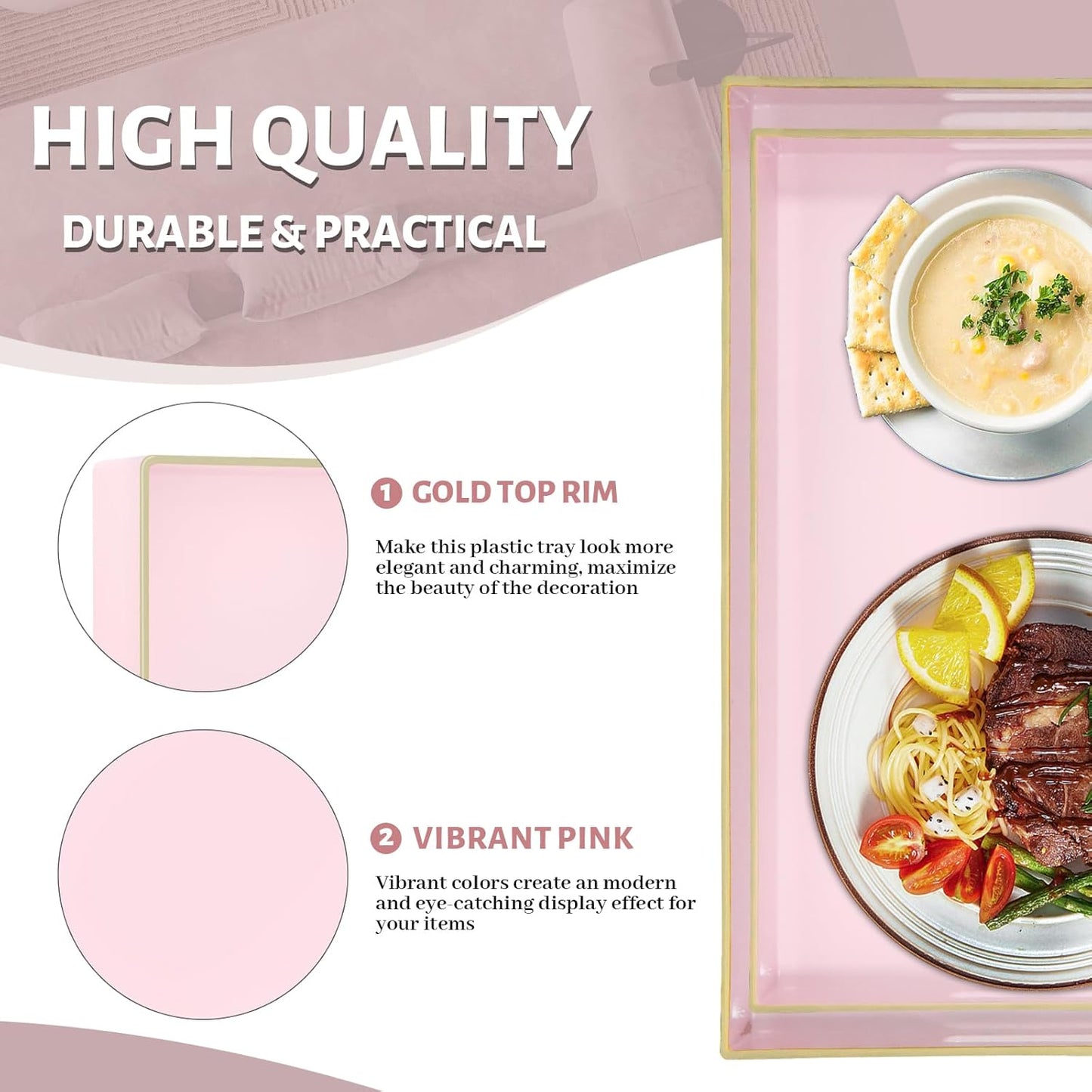 MAONAME Pink Serving Tray Set of 2, Plastic Decorative Trays with Handles, Rectangular Coffee Table Tray for Ottoman, Nesting Trays for Living Room, Bedroom