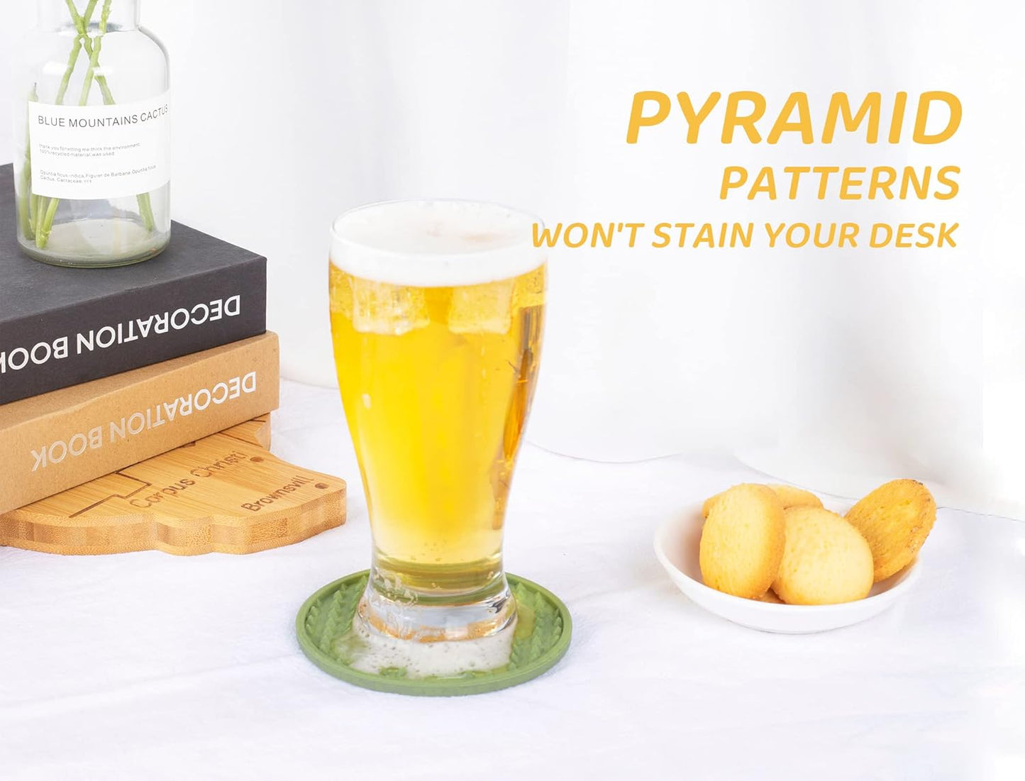 Coasters for Drinks 6 Pcs Plastic Coaster with Holder,Heat Resistant Silicone Cup Mat Tabletop Protection,Non-Slip Rubber Coasters for Kinds of Cups (Green)