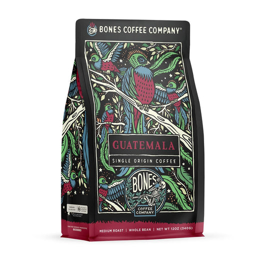 Bones Coffee Company Guatamela Single-Origin, Milk Chocolate, Citrus and Caramel Notes, Whole Coffee Beans, Low Acid Medium Roast Arabica Beans Flavored Coffee, 12 oz Whole Bean