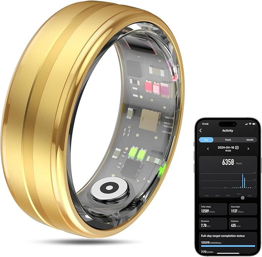 Smart Ring Health Tracker for Men/Women,Fitness Ring Sleep Tracker,Fast Charging for Long-Lasting Use,for Pedometer Exercise,Monitor Sleep, Heart Rate, Stress,Waterproof (Gold, 9)