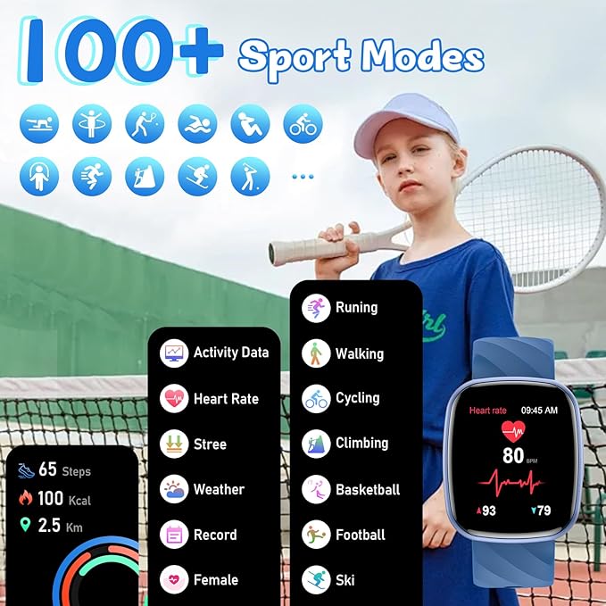 Smart Watch for Kids, Fitness Tracker with Pedometer, 100+ Sport Modes, Heart Rate, Sleep Monitor, Spo2, Calorie Step Counter, Fitness Watch 1.75"HD, Birthday Gifts for Girls Boys Teens 5-16 Blue