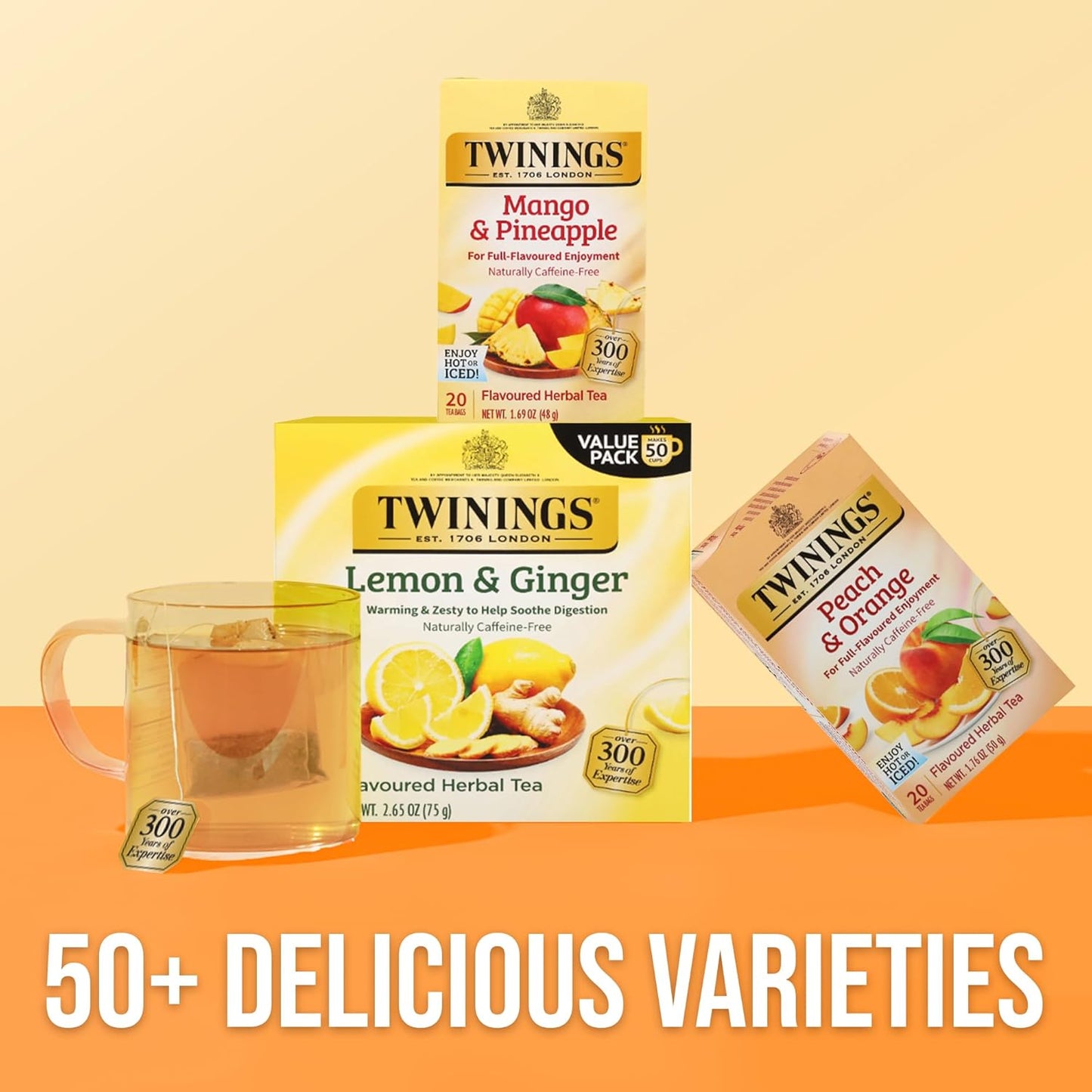 Twinings Mango & Pineapple Herbal Tea Individually Wrapped Bags, 20 Count (Pack of 6), Naturally Caffeine-Free, Enjoy Hot or Iced, 120 Teabags