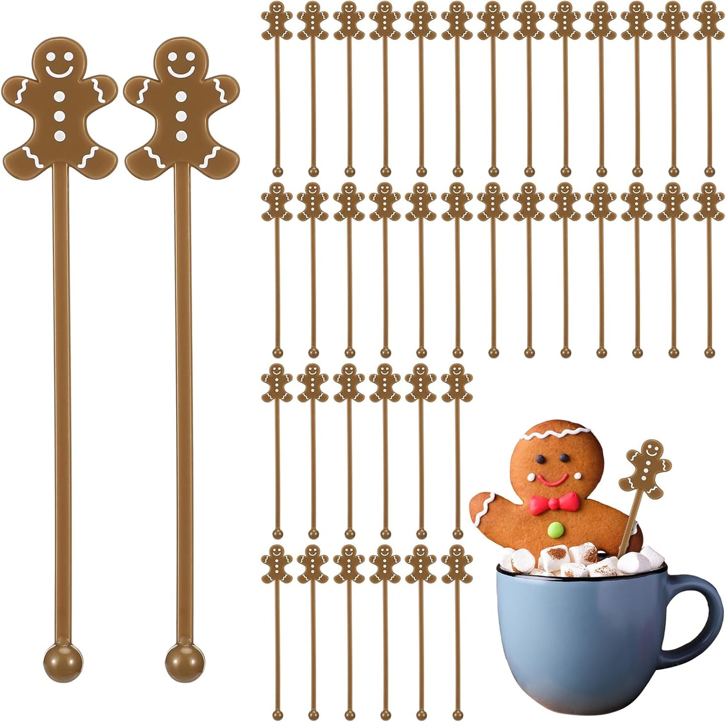 30 Pcs Christmas Drink Stirrers Xmas Stir Stick Holiday Coffee Swizzle Stick Reusable Plastic Hot Cocoa Bar Chocolate Decoration Cocktail Mixer(Gingerbread Man,Cute Color)