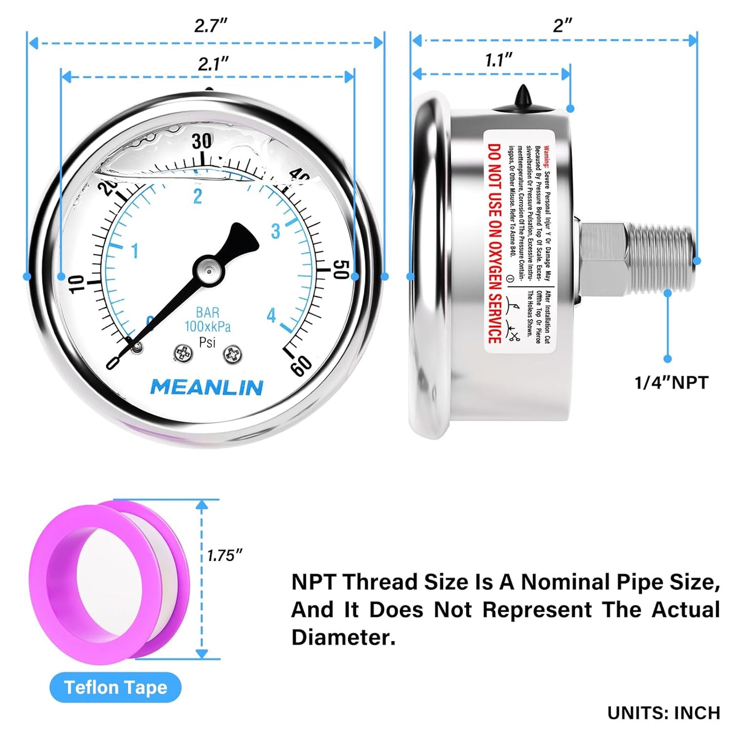 MEANLIN MEASURE 0~60Psi Liquid Filled Pressure Gauge Stainless Steel with 316 Stainless Steel Joint 1/4" NPT 2.5" FACE DIAL for Pool Filter Pump Water Oil Air Compressor Center Back Mount