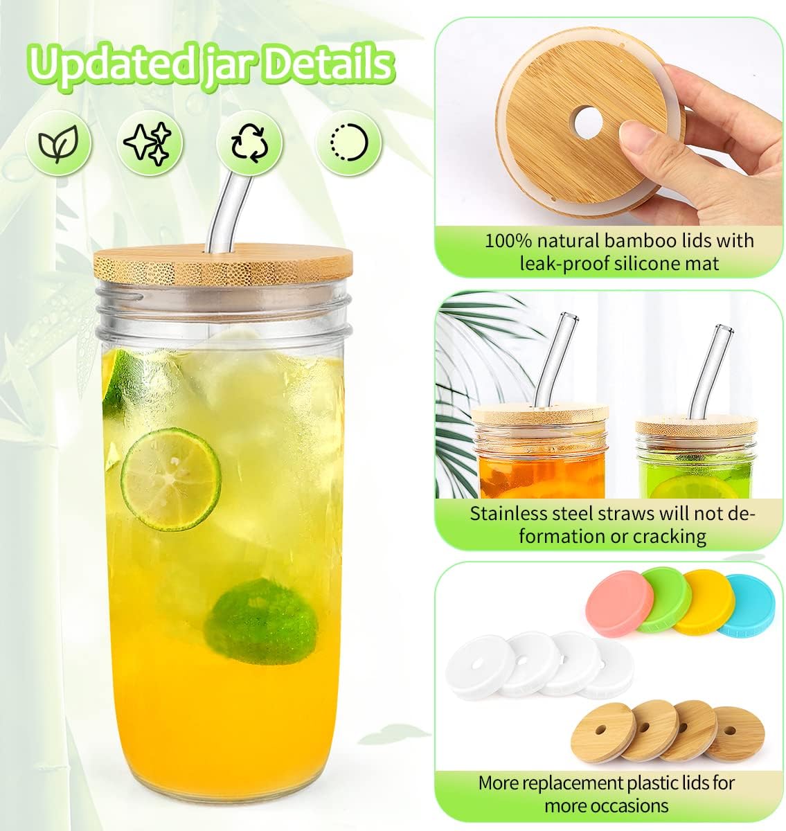 4-Pack 24oz Glass Cups with Lids and Straws - Wide Mouth Mason Jars, 12 Lids (Bamboo/Plastic) & 8 Straws - Reusable Tumblers for Smoothies, Iced Coffee
