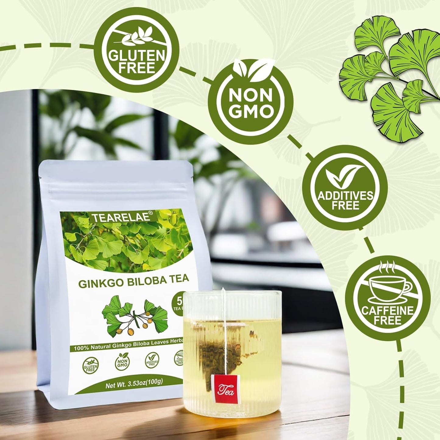 TEARELAE - Ginkgo Biloba Tea Bags, 50 Count - 100% Pure Ginkgo Biloba Leaves - Non-GMO - Naturally Caffeine-free Herbal Tea - Support Vision Health & Enhance Immunity