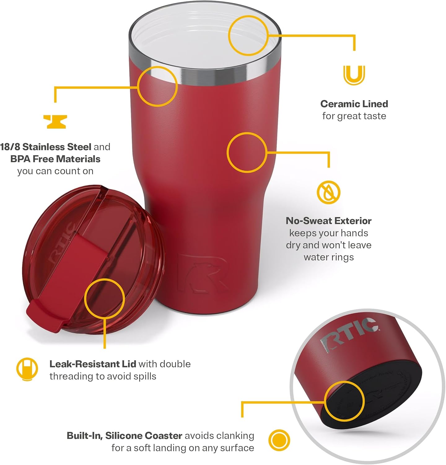 RTIC 30oz Essential Tumbler with Lid, Insulated, Stainless Steel, Metal, Double Wall Vacuum-Insulation, Ceramic Lined, Travel Cup for Iced Coffee, Tea, Hot and Cold Drink, Flag Red