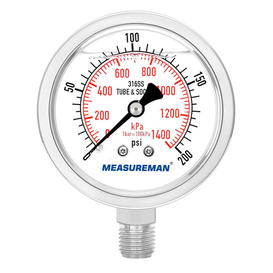 MEASUREMAN Fully Stainless Steel Hydraulic Glycerin Filled Pressure Gauge, 2-1/2" Dial Size,0-200psi/kpa,1/4" NPT Lower Mount