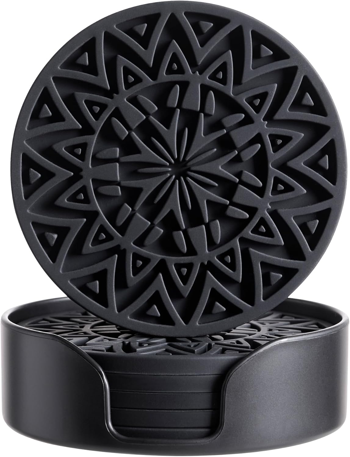 Set of 6 Black Silicone Coasters with Holder, Drink Coasters with Tribal Pattern Shape- for Table Protection, Anti Slip, Nonstick, Heat Resistant, Deep Tray