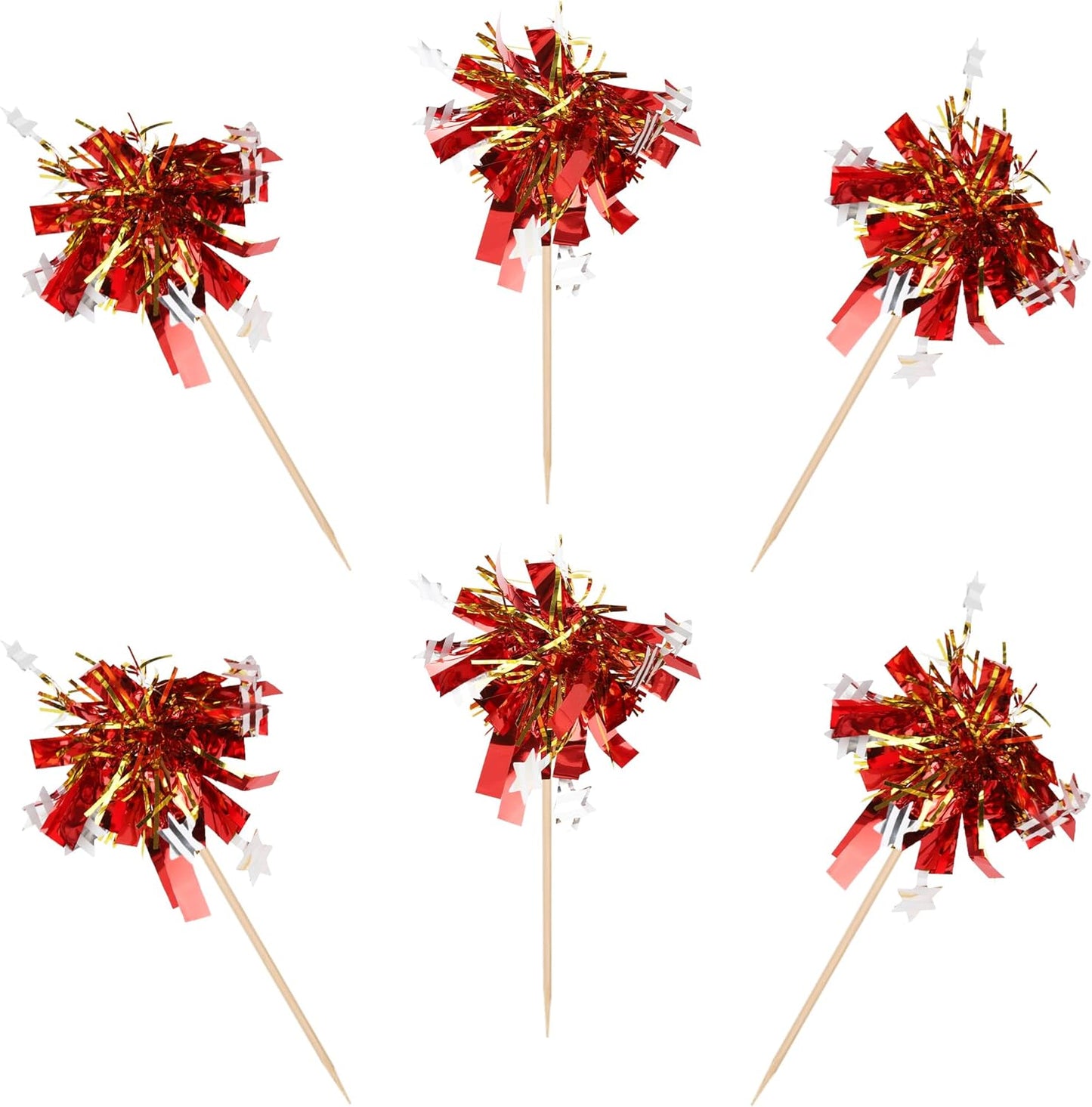 30 PCS Foil Firework Cupcake Toppers Happy Birthday Star Cupcake Picks Sparkle Tinsel Drink Stirrers Cocktail Fruit Toothpicks for Valentine's Day Wedding Birthday Party Decorations Supplies Red Gold