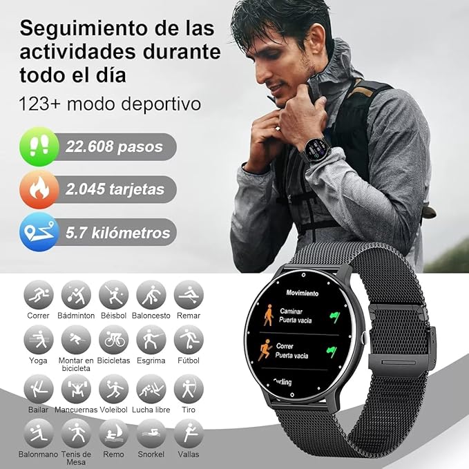 Smart Watch Men Bluetooth Call Fitness Tracker 1.32" HD Full Touch Screen Smartwatch IP67 Waterproof Black Stainless Steel Sport Watch for Android iOS