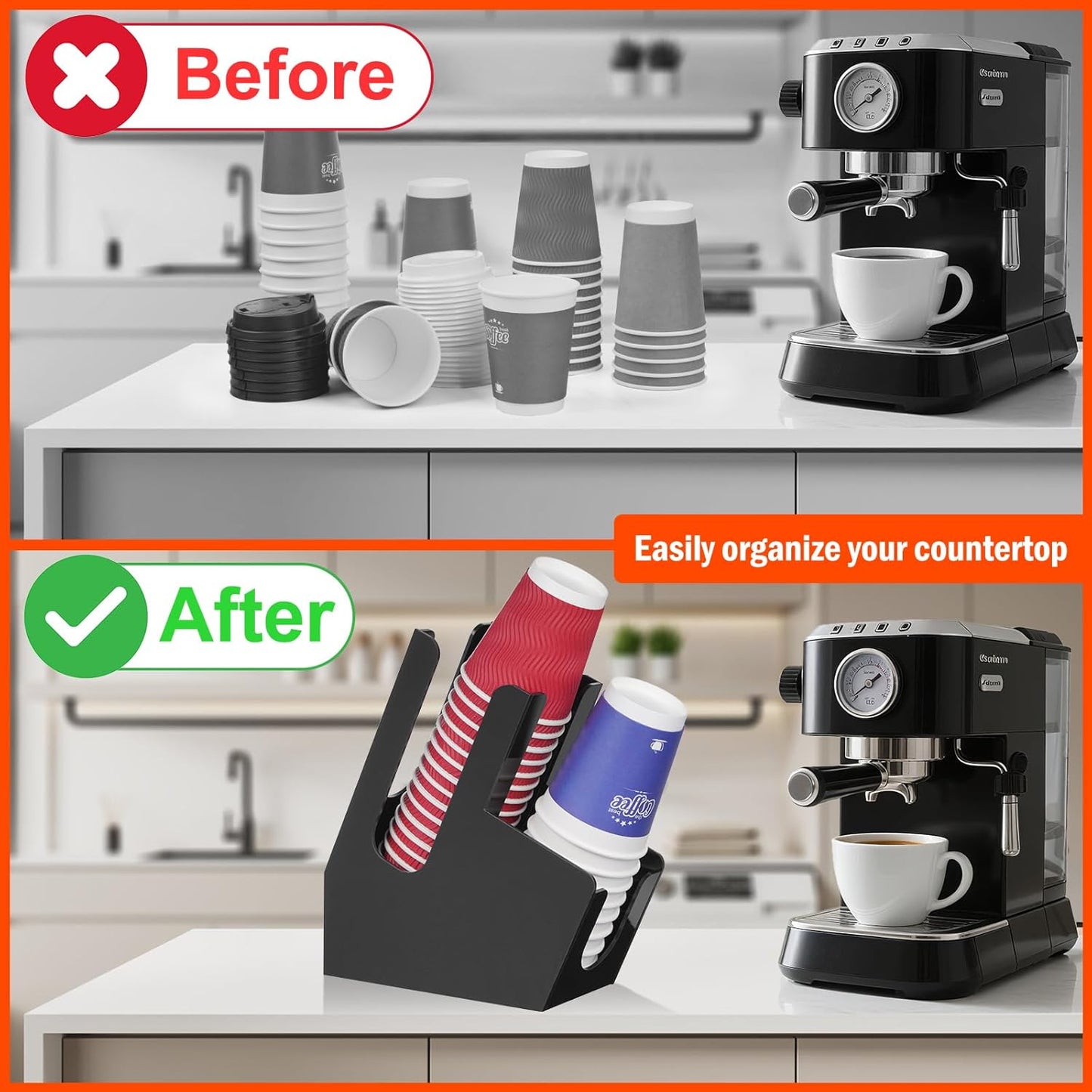 MYITYARD Coffee Cup Holder for Countertop, Cup and Lid Dispenser with 2 Compartment, Coffee Station Organizer Bar Accessories Organizer for Home, Kitchen, Office and Breakroom