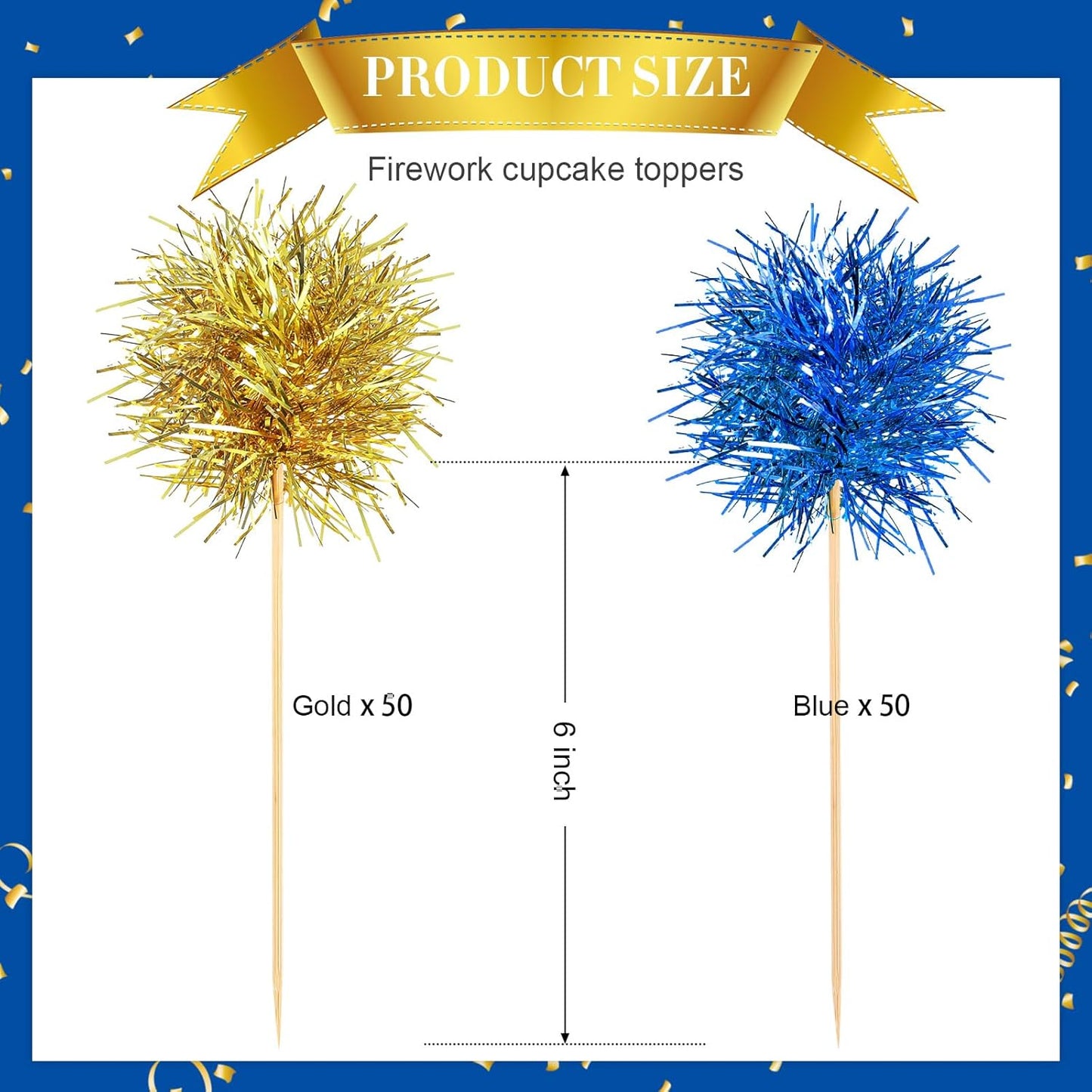 Chinco 100 Pcs Foil Firework Cupcake Toppers Sparkle Tinsel Cake Toppers Cake Decoration Cocktail Fruit Toothpick for Birthday Wedding Graduation Party(Blue, Gold)