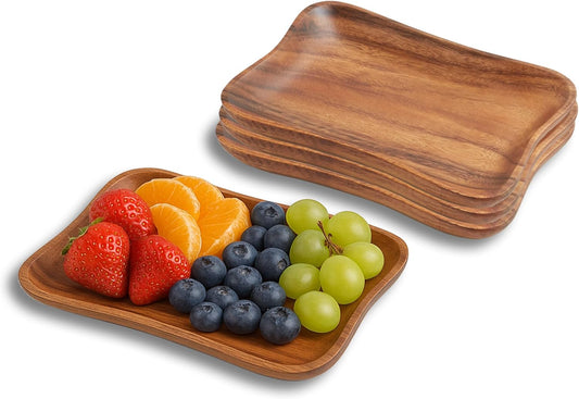 Woodard & Charles Set of 4 Acacia Wood Pinched Tray for Charcuterie, Sushi, Dessert, Fruit and More, 7.5" x 5.25"