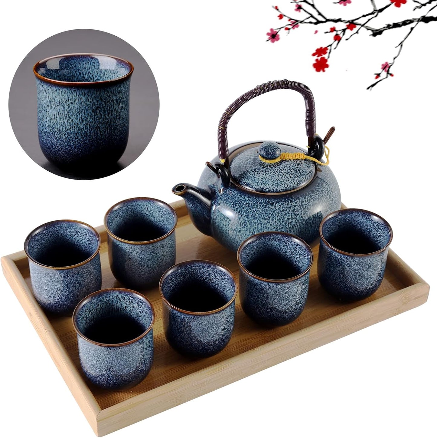 DUJUST Japanese Tea Set for 6, Kiln Altered Glaze Porcelain Tea Set with 1 Teapot, 6 Tea Cups & 1 Tea Tray, Unique Chinese Tea Sets for Adults/Tea Lovers/Women/Men, Blue